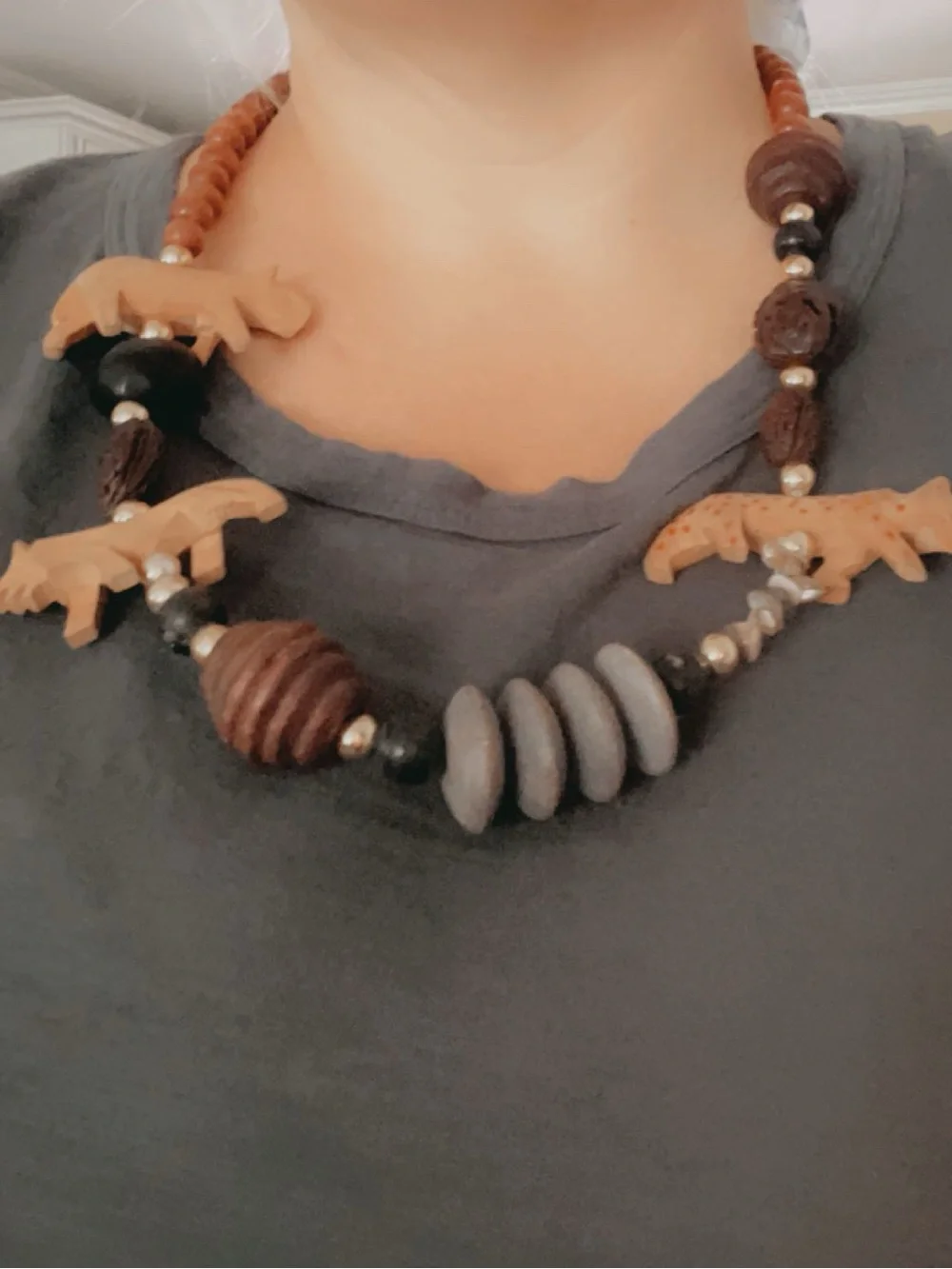 Vintage purple & Beige Beaded & Tribal Animal Statement Necklace